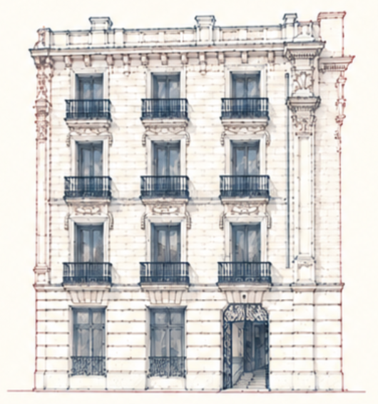 Drawing of the facade of Marqués de Cubas